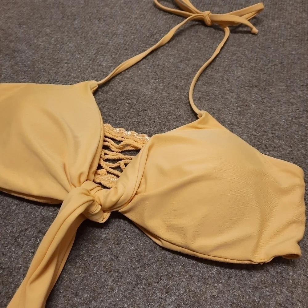 Frankie's Bikinis Multi Tie Swim Top Yellow Crochet Women's Small